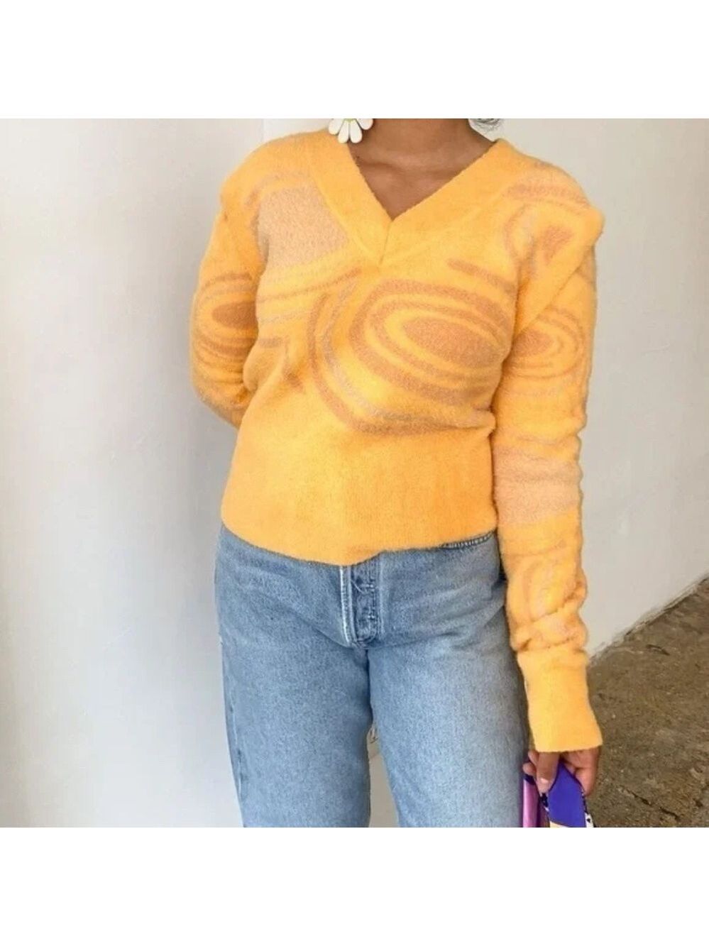 House of Sunny Hockney Knit Detachable Sleeve V-Neck Sweater Orange Yellow Sz 4